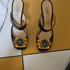 Prada Black Heels with Gold and Blue Embellishments